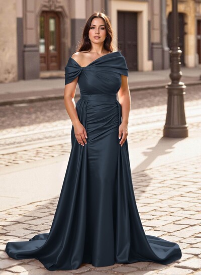Trumpet/Mermaid Off-The-Shoulder Court Train Satin Mother Of The Bride Dresses With Overskirt Dress