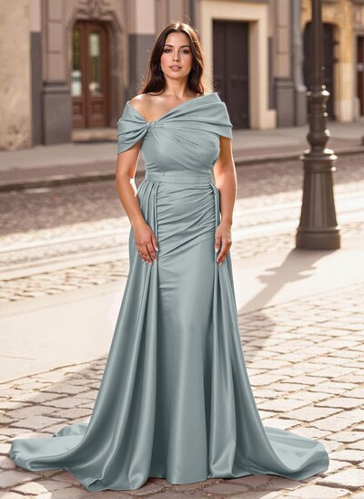 Trumpet/Mermaid Off-The-Shoulder Court Train Satin Mother Of The Bride Dresses With Overskirt Dress