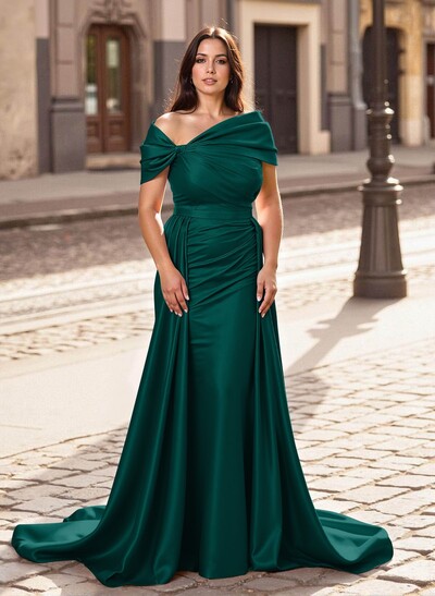 Trumpet/Mermaid Off-The-Shoulder Court Train Satin Mother Of The Bride Dresses With Overskirt Dress
