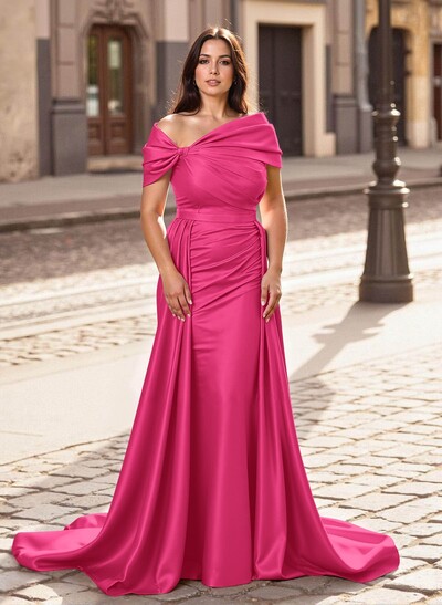 Trumpet/Mermaid Off-The-Shoulder Court Train Satin Mother Of The Bride Dresses With Overskirt Dress