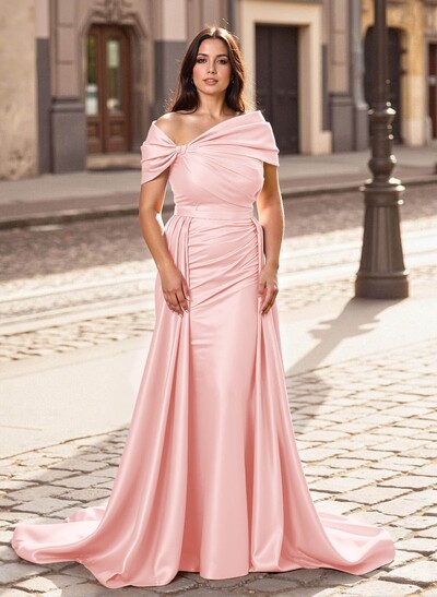 Trumpet/Mermaid Off-The-Shoulder Court Train Satin Mother Of The Bride Dresses With Overskirt Dress