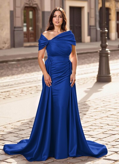 Trumpet/Mermaid Off-The-Shoulder Court Train Satin Mother Of The Bride Dresses With Overskirt Dress