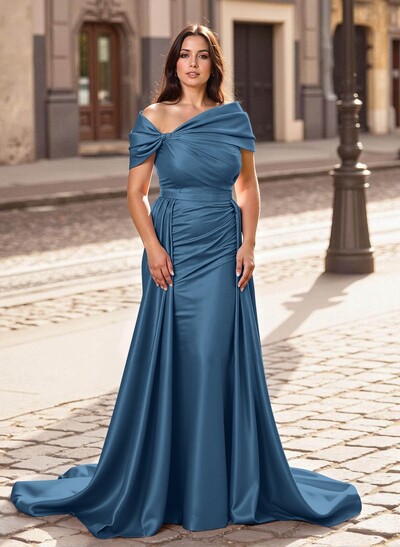 Trumpet/Mermaid Off-The-Shoulder Court Train Satin Mother Of The Bride Dresses With Overskirt Dress