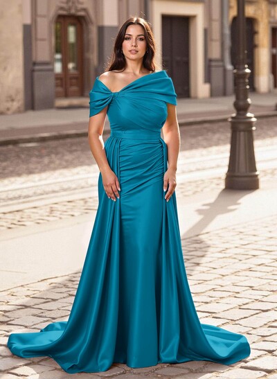 Trumpet/Mermaid Off-The-Shoulder Court Train Satin Mother Of The Bride Dresses With Overskirt Dress