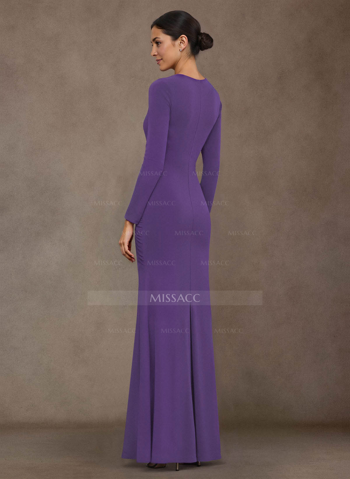 Ruched Cowl Neck Long Sleeves High Split Floor-Length Stretch Chiffon Mother Of The Bride Dresses