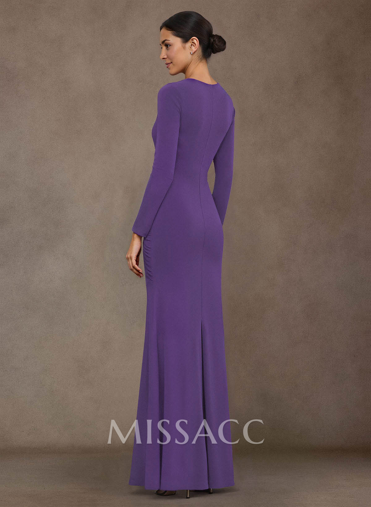 Ruched Cowl Neck Long Sleeves High Split Floor-Length Stretch Chiffon Mother Of The Bride Dresses