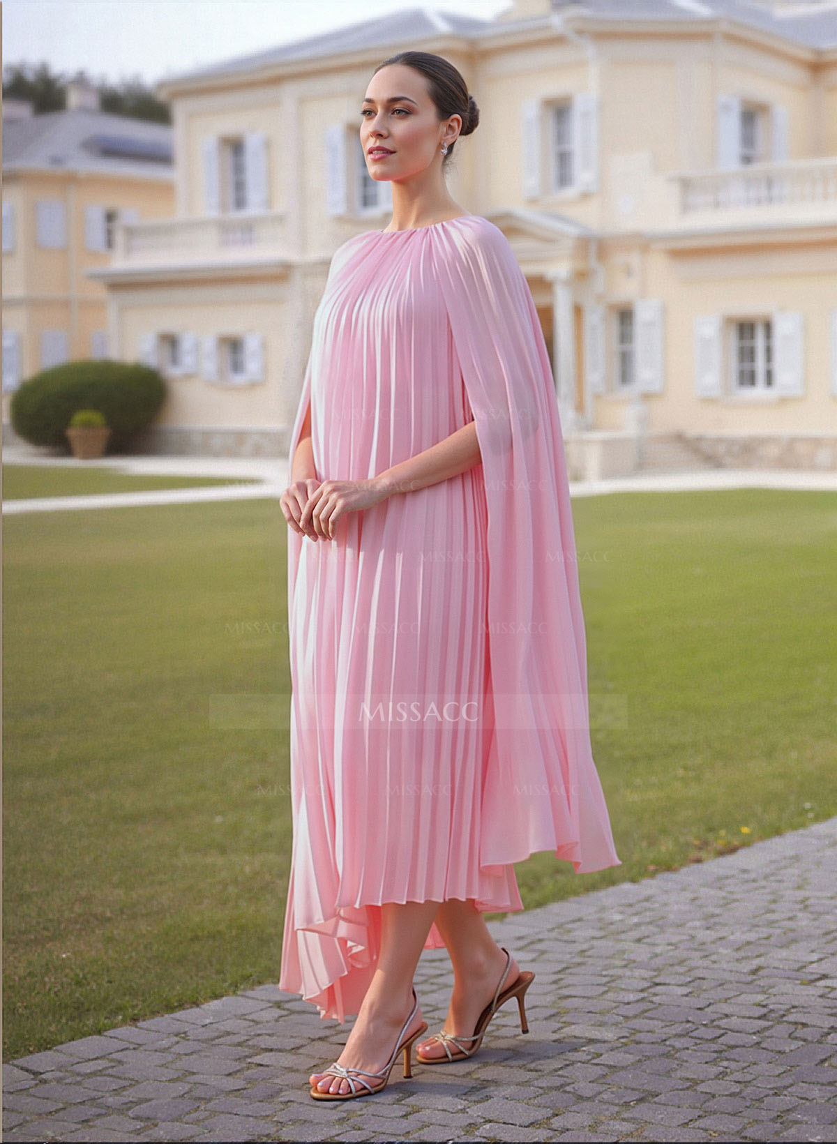 Pleated Scoop Neck Cape Sleeves A-Line Asymmetrical Length Chiffon Mother Of The Bride Dresses