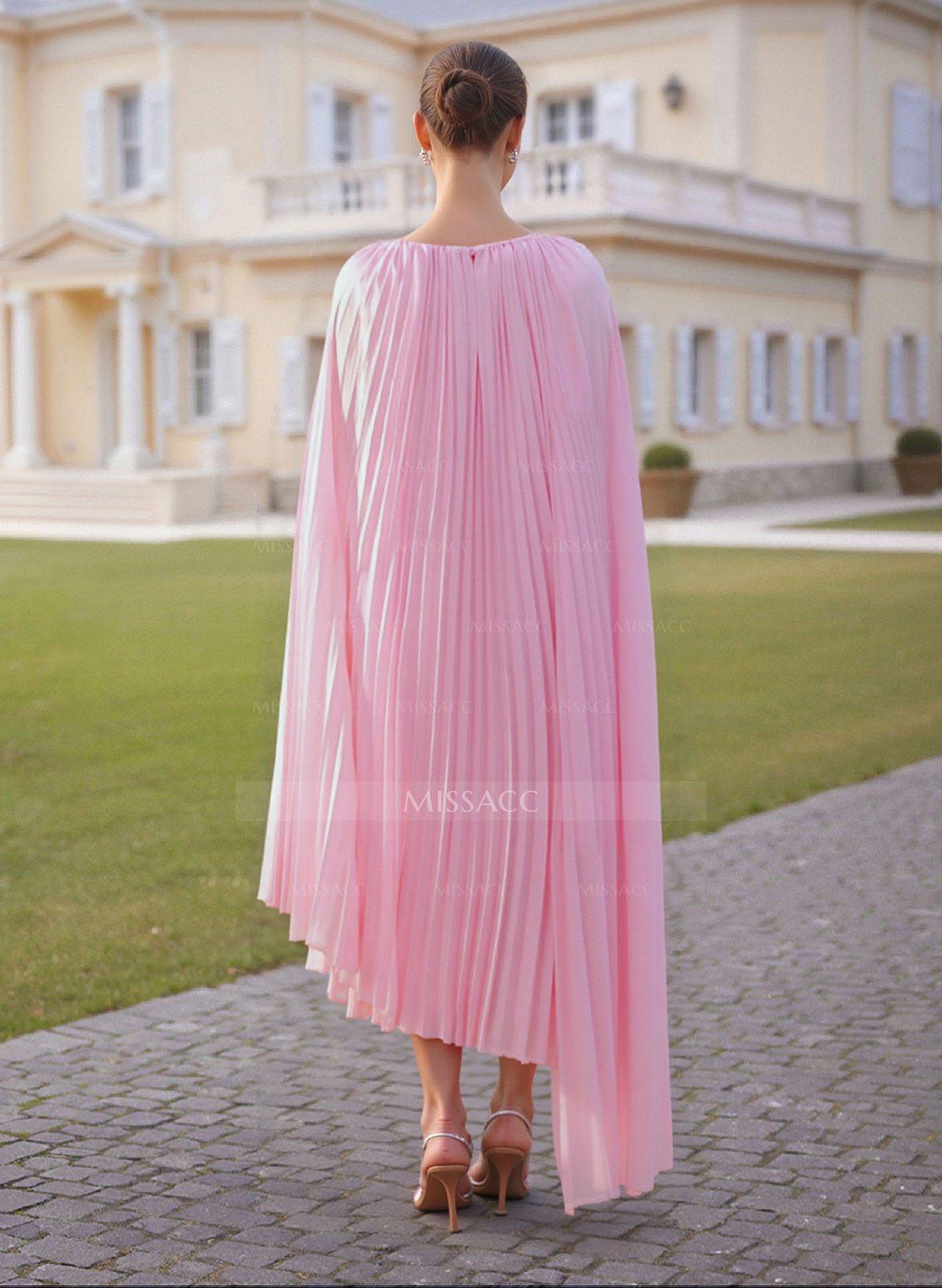 Pleated Scoop Neck Cape Sleeves A-Line Asymmetrical Length Chiffon Mother Of The Bride Dresses