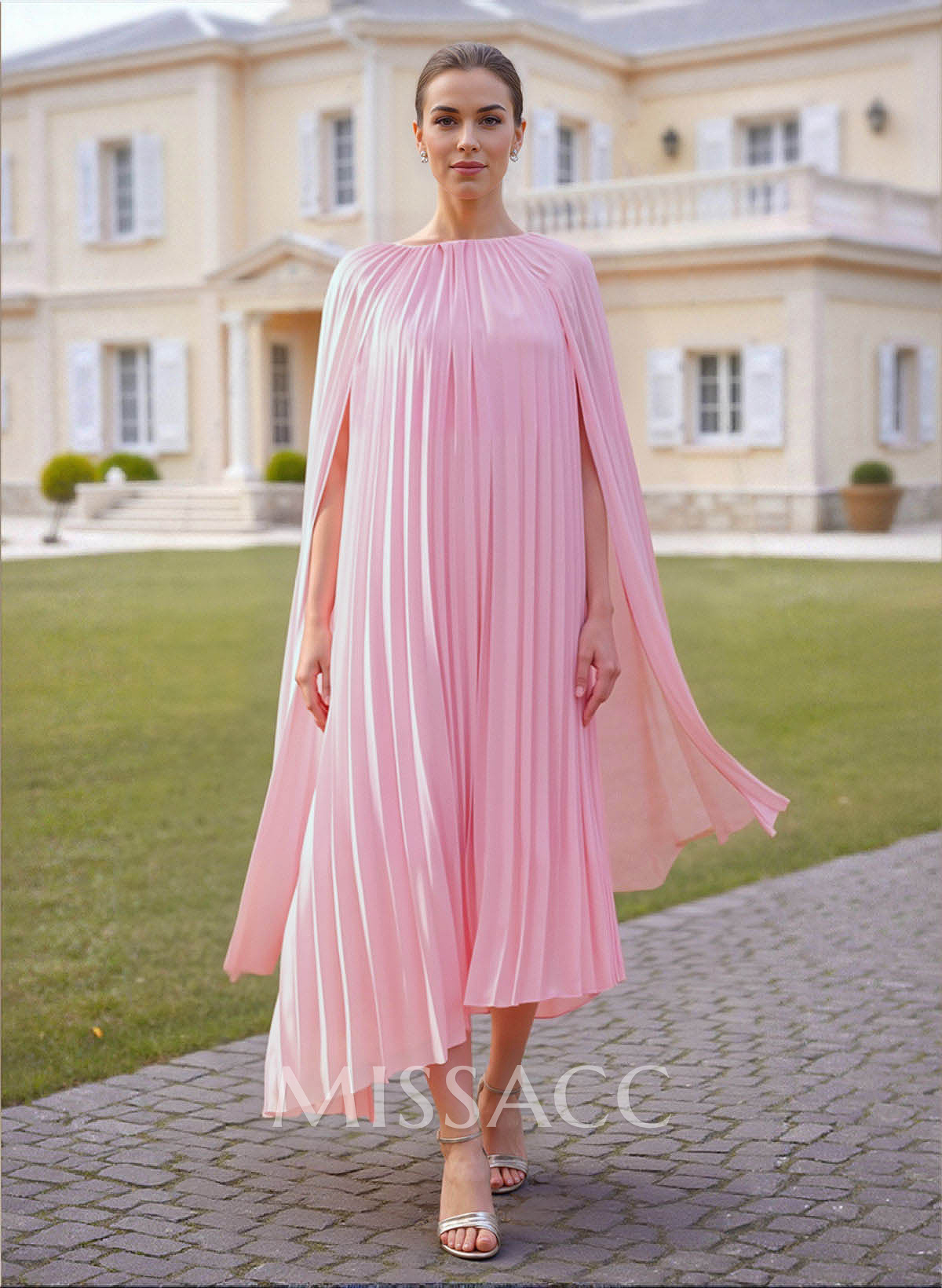 Pleated Scoop Neck Cape Sleeves A-Line Asymmetrical Length Chiffon Mother Of The Bride Dresses Pleated Scoop Neck Cape Sleeves A-Line Asymmetrical Length Chiffon Mother Of The Bride Dresses