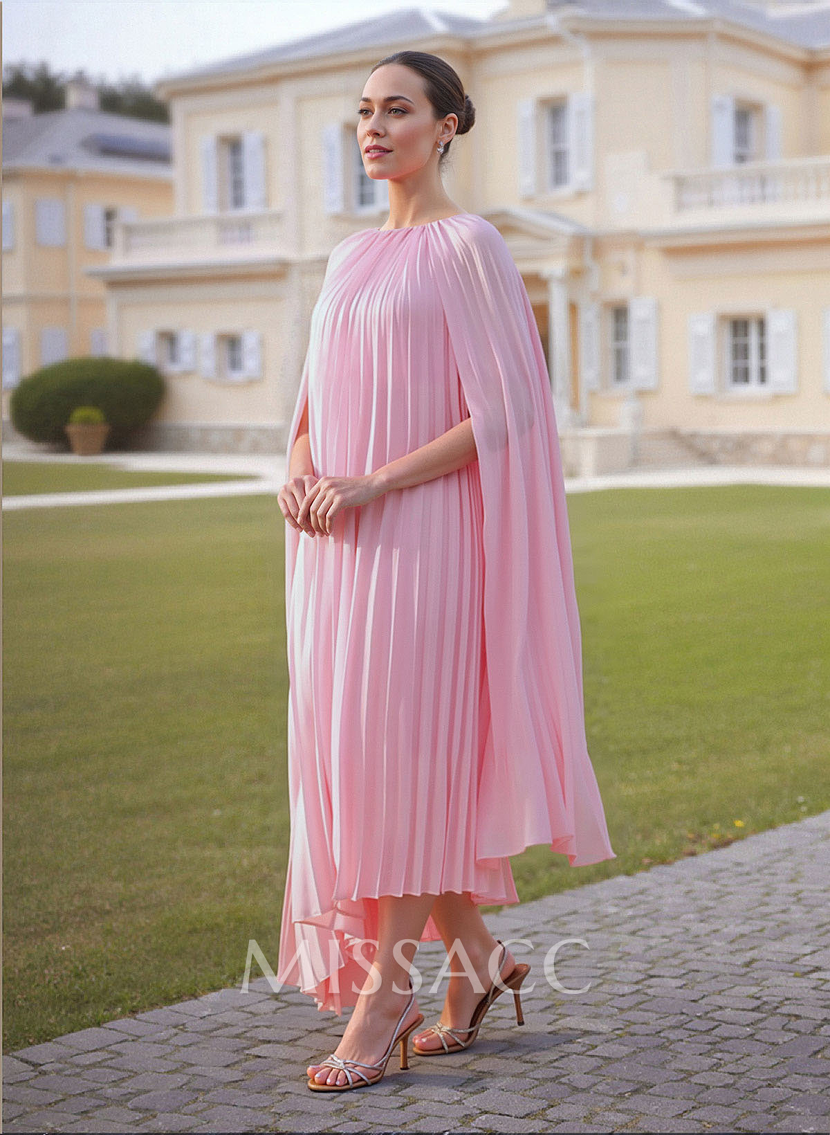 Pleated Scoop Neck Cape Sleeves A-Line Asymmetrical Length Chiffon Mother Of The Bride Dresses Pleated Scoop Neck Cape Sleeves A-Line Asymmetrical Length Chiffon Mother Of The Bride Dresses