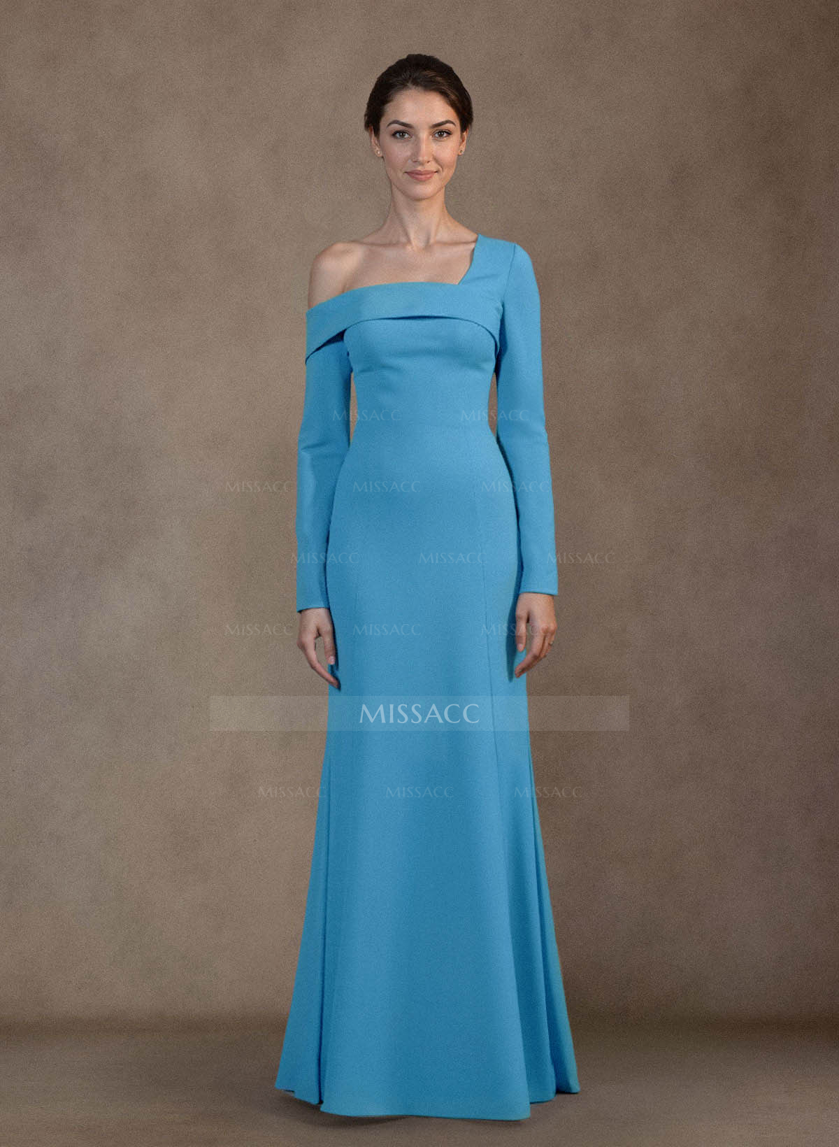 Elegant Asymmetrical Neckline Long Sleeves Floor-Length Elastic Satin Mother Of The Bride Dresses