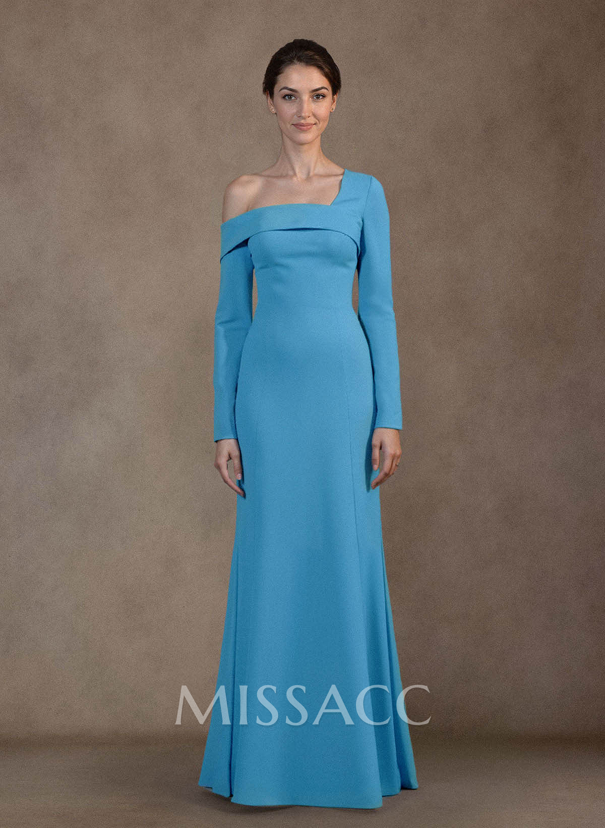 Elegant Asymmetrical Neckline Long Sleeves Floor-Length Elastic Satin Mother Of The Bride Dresses