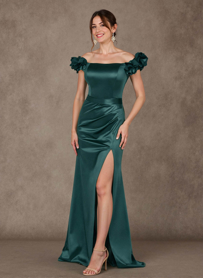 Ruffle Off-The-Shoulder High Split Mermaid Floor-Length Charmeuse Mother Of The Bride Dresses
