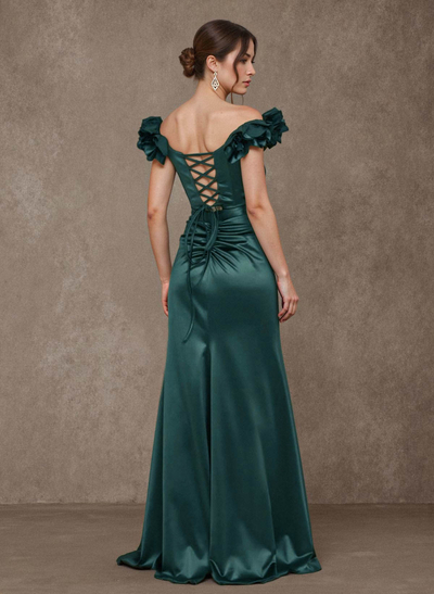 Ruffle Off-The-Shoulder High Split Mermaid Floor-Length Charmeuse Mother Of The Bride Dresses