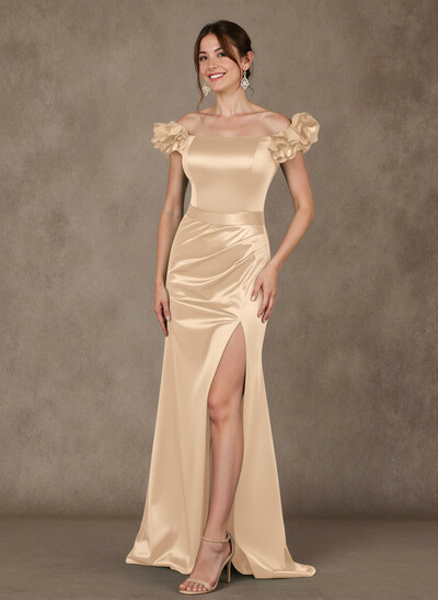 Ruffle Off-The-Shoulder High Split Mermaid Floor-Length Charmeuse Mother Of The Bride Dresses
