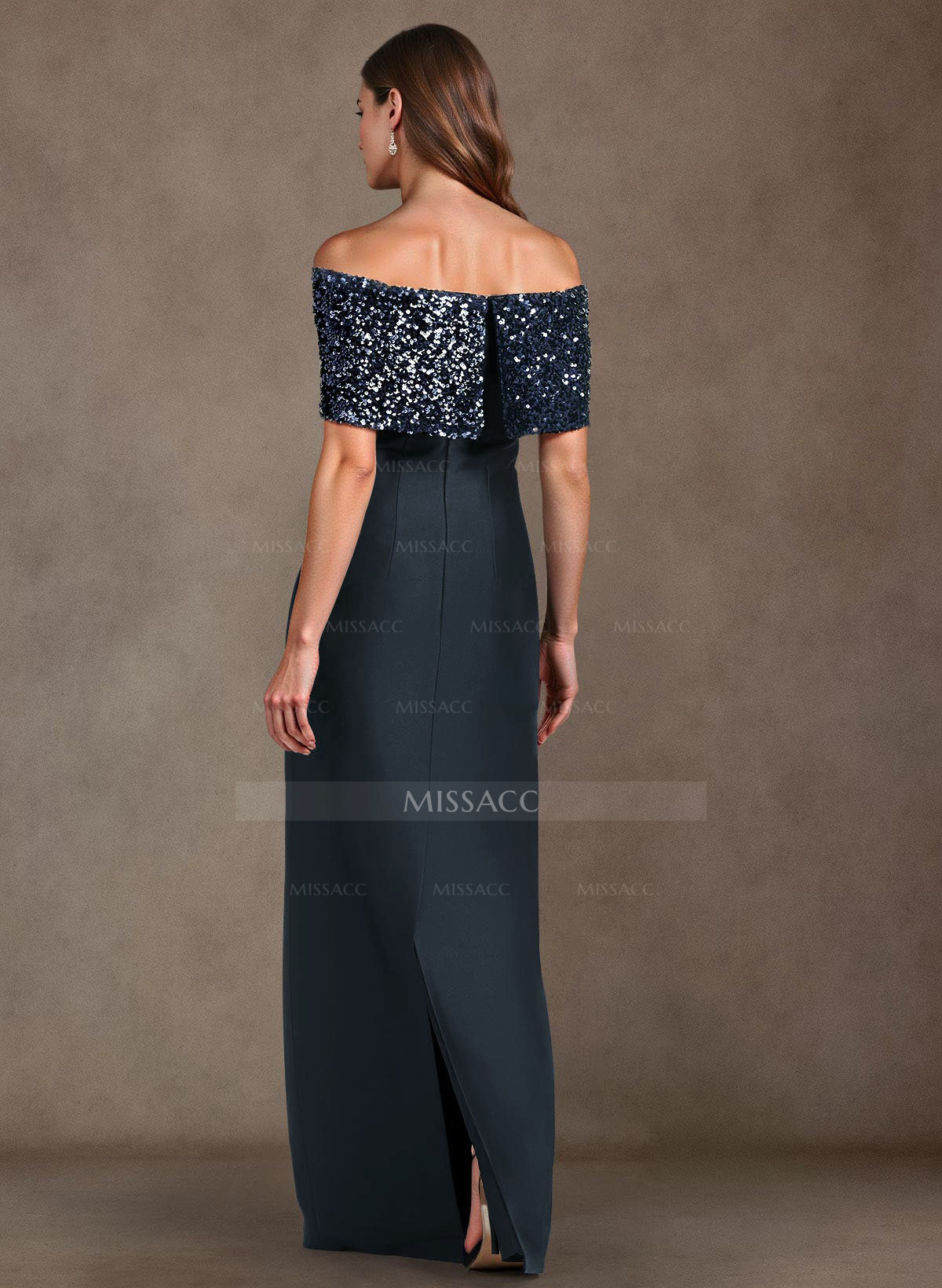 Elegant Sequined Off-The-Shoulder Back Slit Floor-Length Satin Mother Of The Bride Dresses