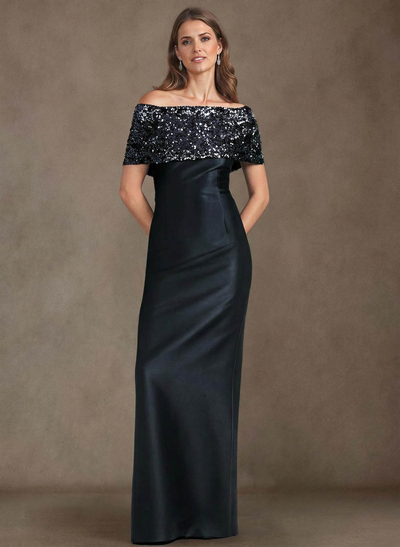 Elegant Sequined Off-The-Shoulder Back Slit Floor-Length Satin Mother Of The Bride Dresses