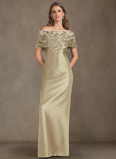 Elegant Sequined Off-The-Shoulder Back Slit Floor-Length Satin Mother Of The Bride Dresses
