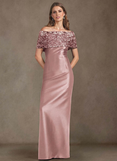 Elegant Sequined Off-The-Shoulder Back Slit Floor-Length Satin Mother Of The Bride Dresses