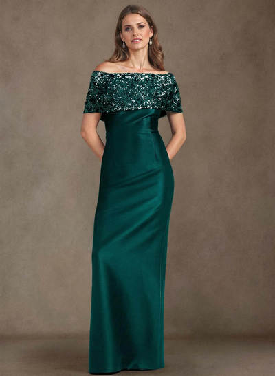 Elegant Sequined Off-The-Shoulder Back Slit Floor-Length Satin Mother Of The Bride Dresses