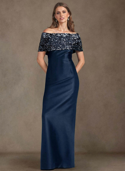 Elegant Sequined Off-The-Shoulder Back Slit Floor-Length Satin Mother Of The Bride Dresses
