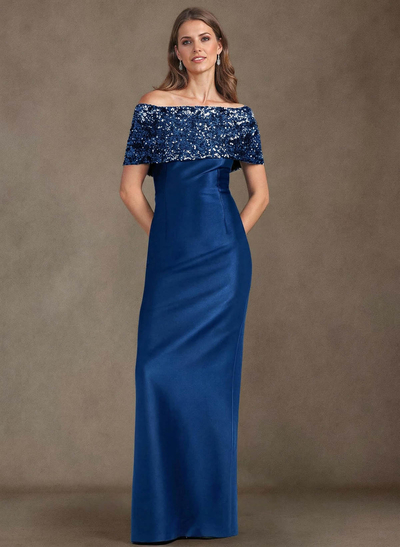 Elegant Sequined Off-The-Shoulder Back Slit Floor-Length Satin Mother Of The Bride Dresses
