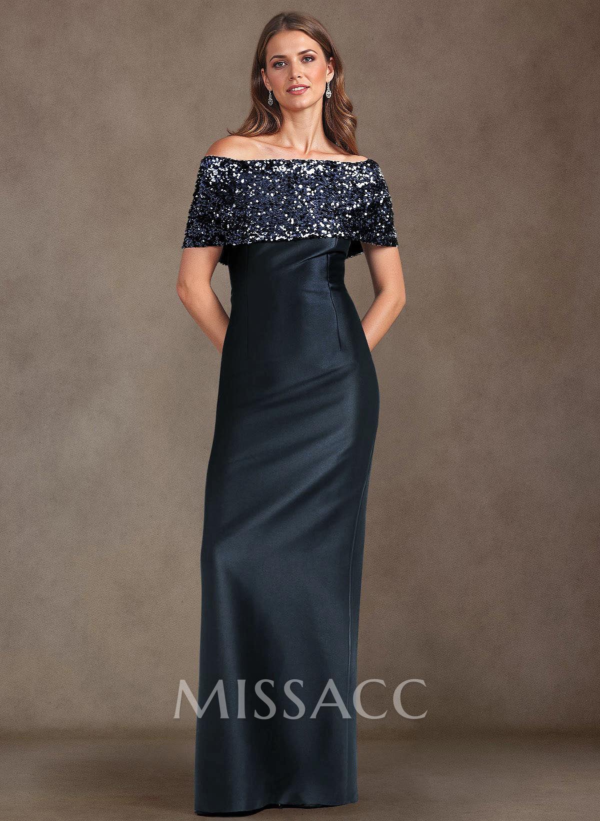 Elegant Sequined Off-The-Shoulder Back Slit Floor-Length Satin Mother Of The Bride Dresses Elegant Sequined Off-The-Shoulder Back Slit Floor-Length Satin Mother Of The Bride Dresses