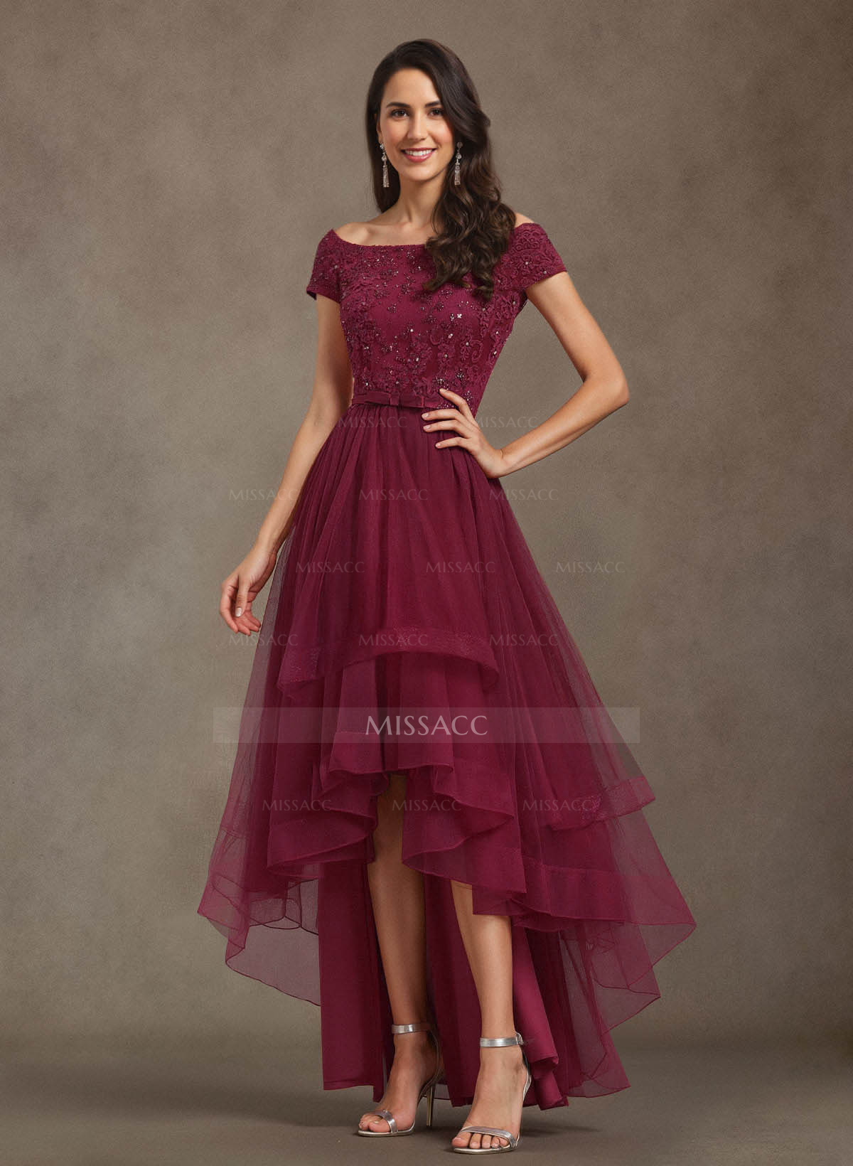 Elegant Off-The-Shoulder Tulle A-Line Asymmetrical Length Silk Like Satin Mother Of The Bride Dresses