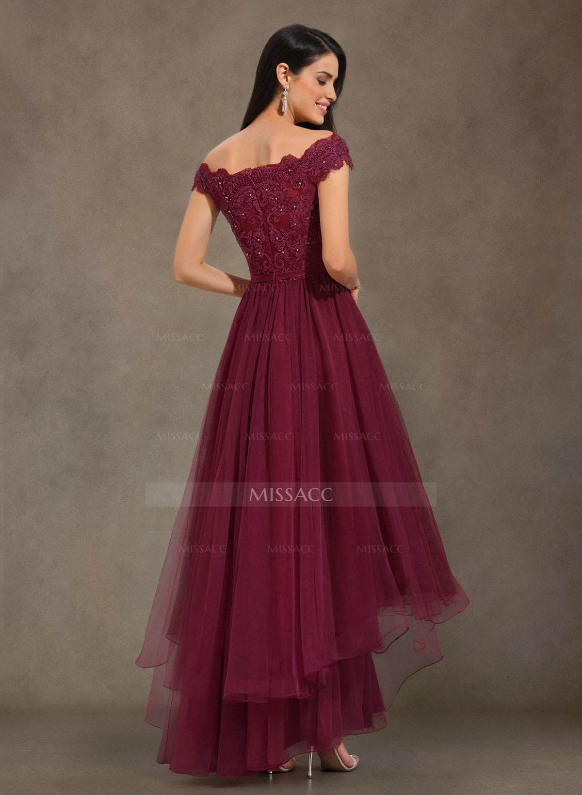 Elegant Off-The-Shoulder Tulle A-Line Asymmetrical Length Silk Like Satin Mother Of The Bride Dresses