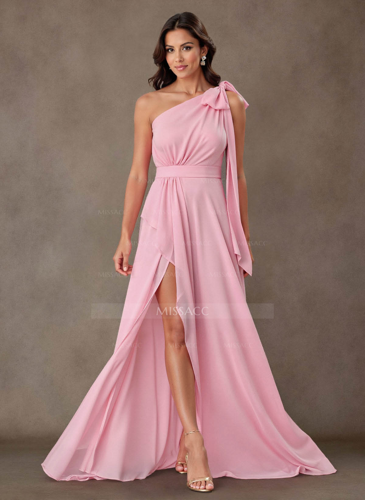 Bow(s) One-Shoulder High Split A-Line Floor-Length Stretch Chiffon Mother Of The Bride Dresses