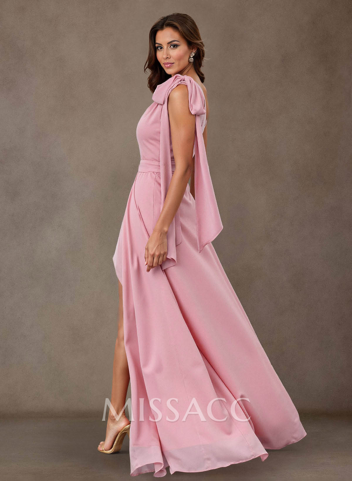 Bow(s) One-Shoulder High Split A-Line Floor-Length Stretch Chiffon Mother Of The Bride Dresses