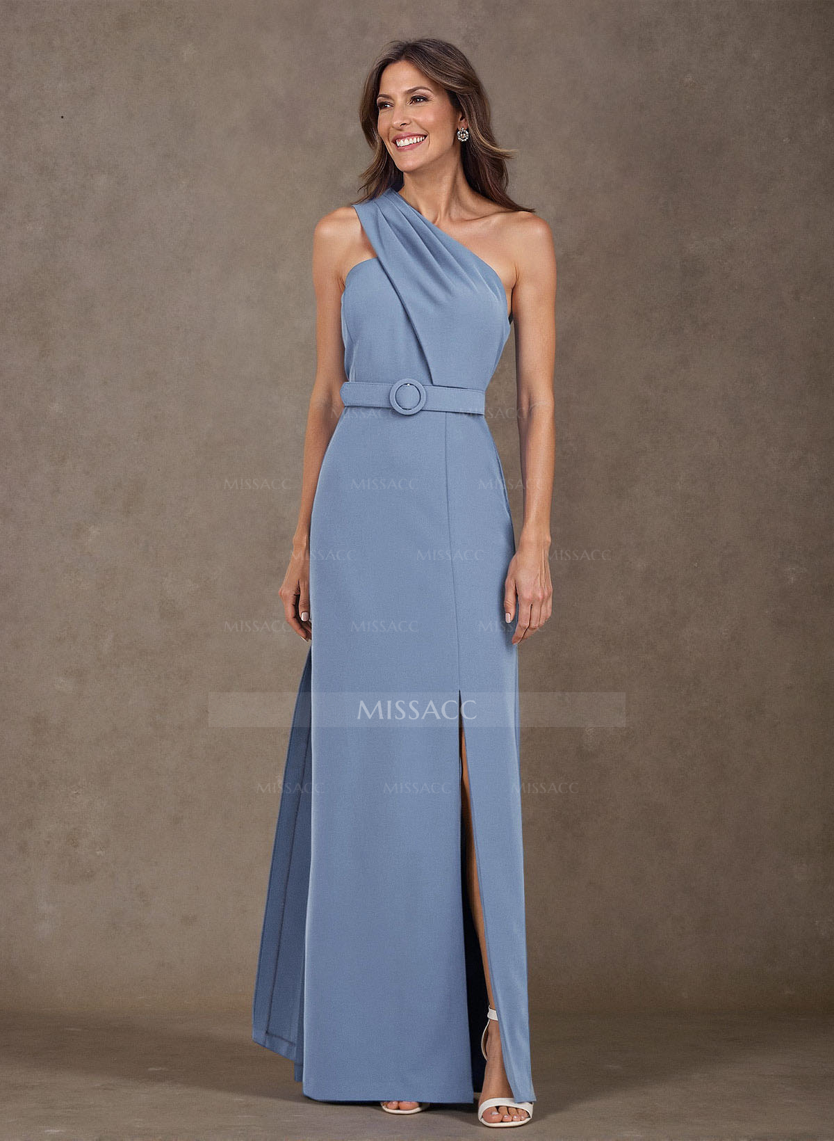 Elegant Pleated One-Shoulder Split Front Floor-Length Elastic Satin Mother Of The Bride Dresses