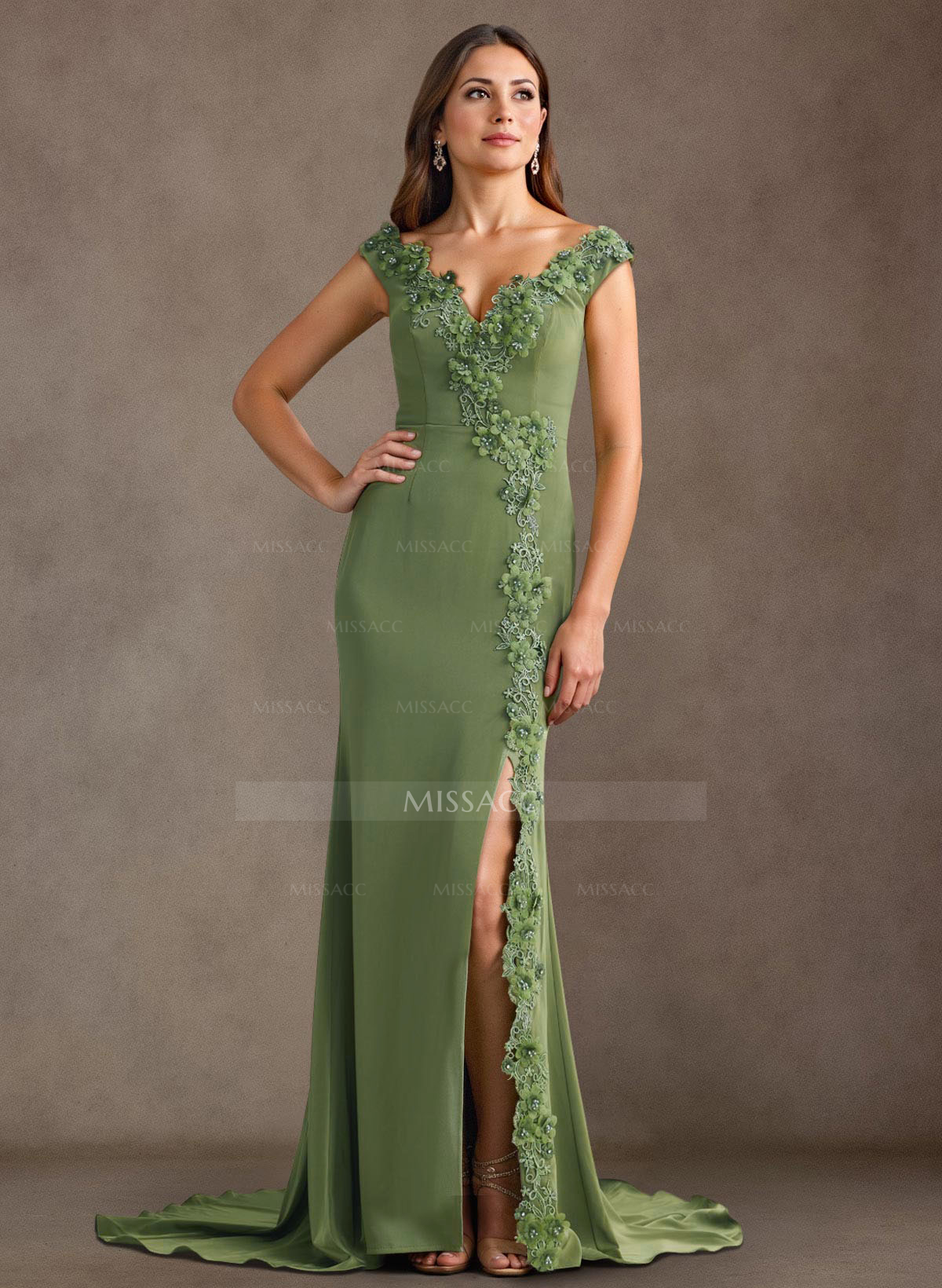 Lace Flower(s) Off-The-Shoulder Mermaid Sweep Train Stretch Chiffon Mother Of The Bride Dresses