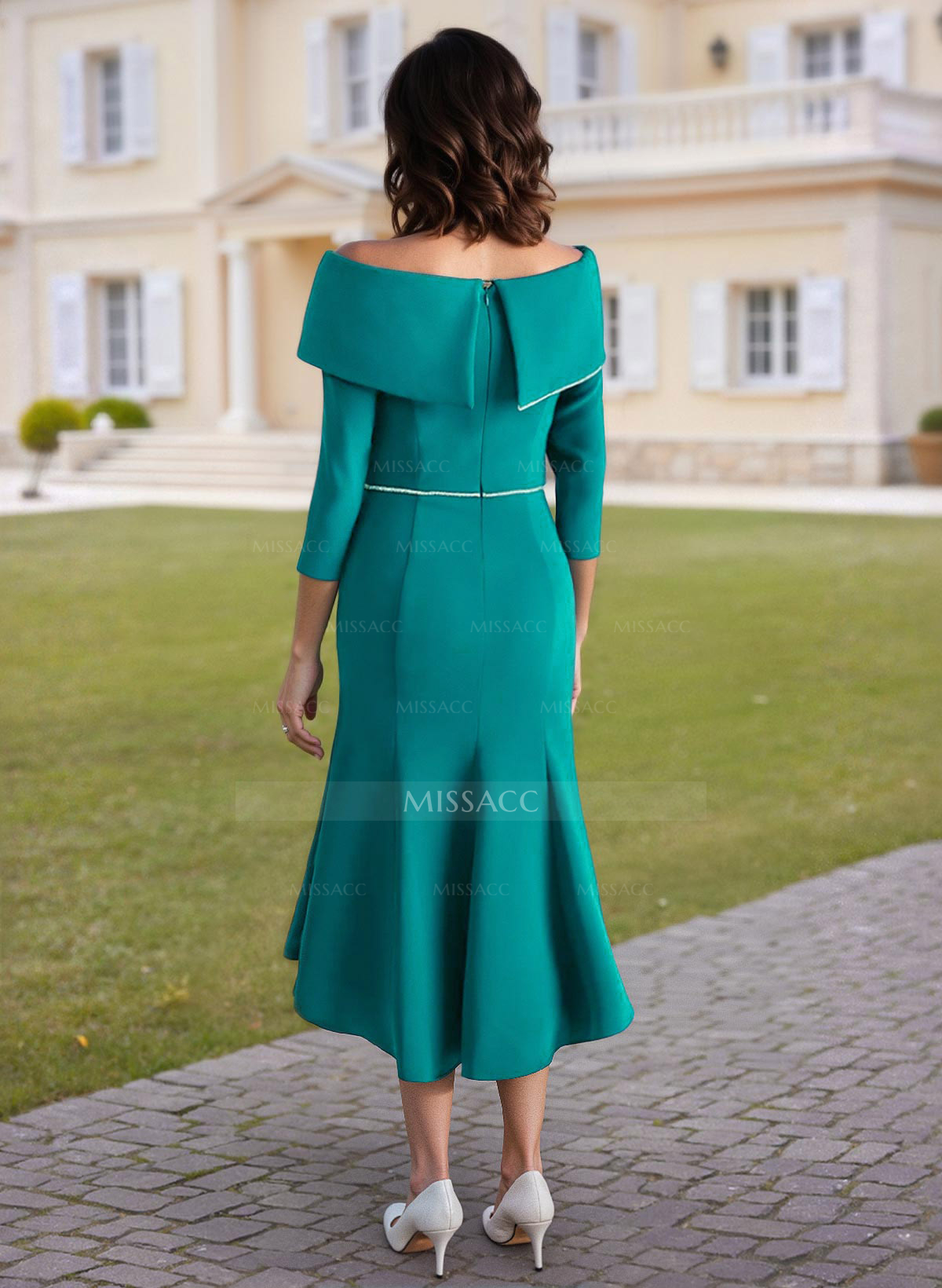 Elegant Off-The-Shoulder 3/4 Sleeves Mermaid Asymmetrical Length Elastic Satin Mother Of The Bride Dresses