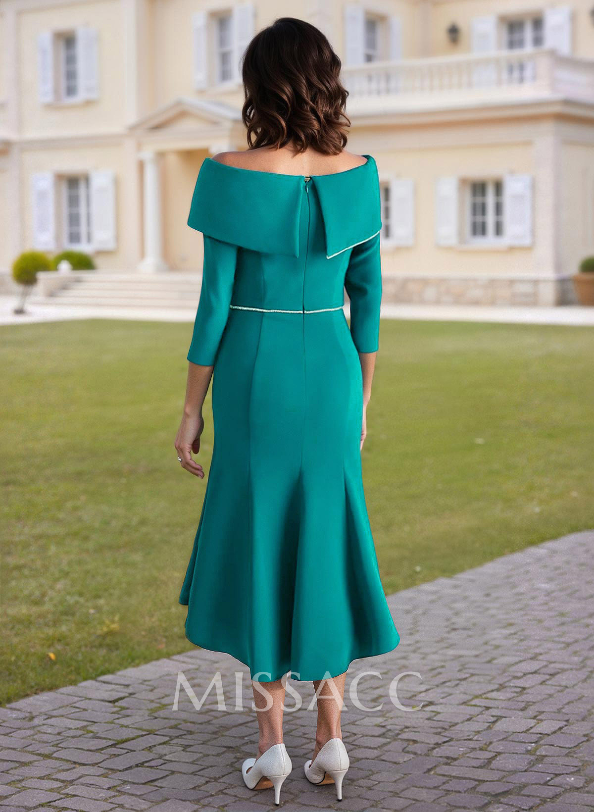Elegant Off-The-Shoulder 3/4 Sleeves Mermaid Asymmetrical Length Elastic Satin Mother Of The Bride Dresses