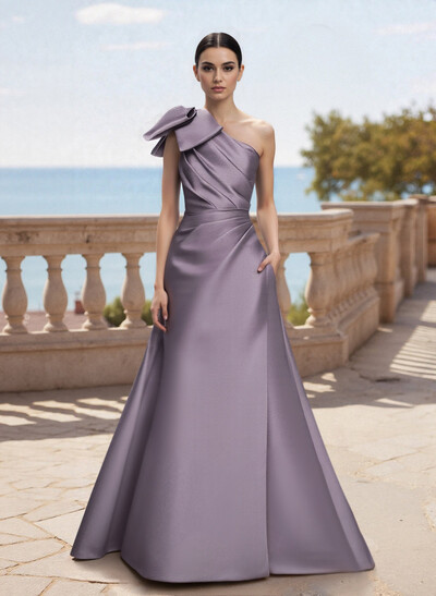 Bow(s) One-Shoulder A-Line Floor-Length Satin Mother Of The Bride Dresses With Pockets