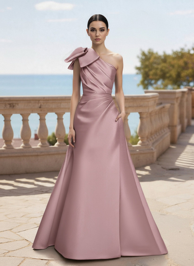 Bow(s) One-Shoulder A-Line Floor-Length Satin Mother Of The Bride Dresses With Pockets