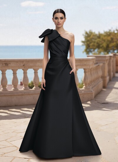 Bow(s) One-Shoulder A-Line Floor-Length Satin Mother Of The Bride Dresses With Pockets