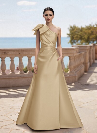 Bow(s) One-Shoulder A-Line Floor-Length Satin Mother Of The Bride Dresses With Pockets