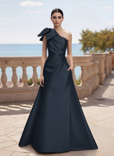 Bow(s) One-Shoulder A-Line Floor-Length Satin Mother Of The Bride Dresses With Pockets