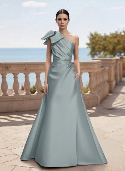 Bow(s) One-Shoulder A-Line Floor-Length Satin Mother Of The Bride Dresses With Pockets