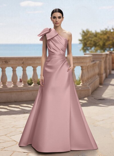 Bow(s) One-Shoulder A-Line Floor-Length Satin Mother Of The Bride Dresses With Pockets