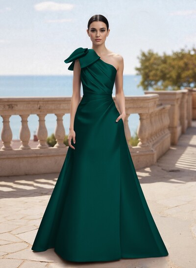 Bow(s) One-Shoulder A-Line Floor-Length Satin Mother Of The Bride Dresses With Pockets