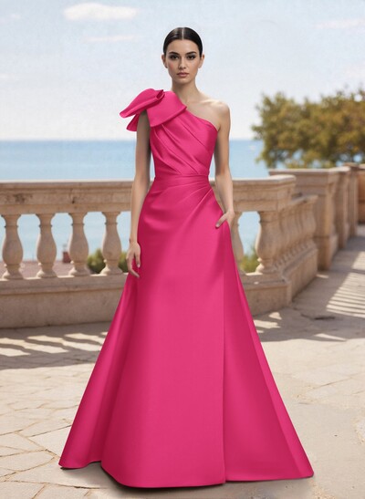 Bow(s) One-Shoulder A-Line Floor-Length Satin Mother Of The Bride Dresses With Pockets