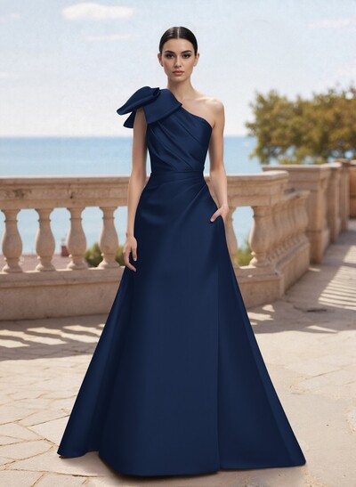 Bow(s) One-Shoulder A-Line Floor-Length Satin Mother Of The Bride Dresses With Pockets
