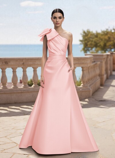 Bow(s) One-Shoulder A-Line Floor-Length Satin Mother Of The Bride Dresses With Pockets