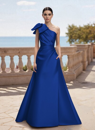 Bow(s) One-Shoulder A-Line Floor-Length Satin Mother Of The Bride Dresses With Pockets