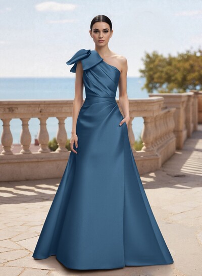 Bow(s) One-Shoulder A-Line Floor-Length Satin Mother Of The Bride Dresses With Pockets