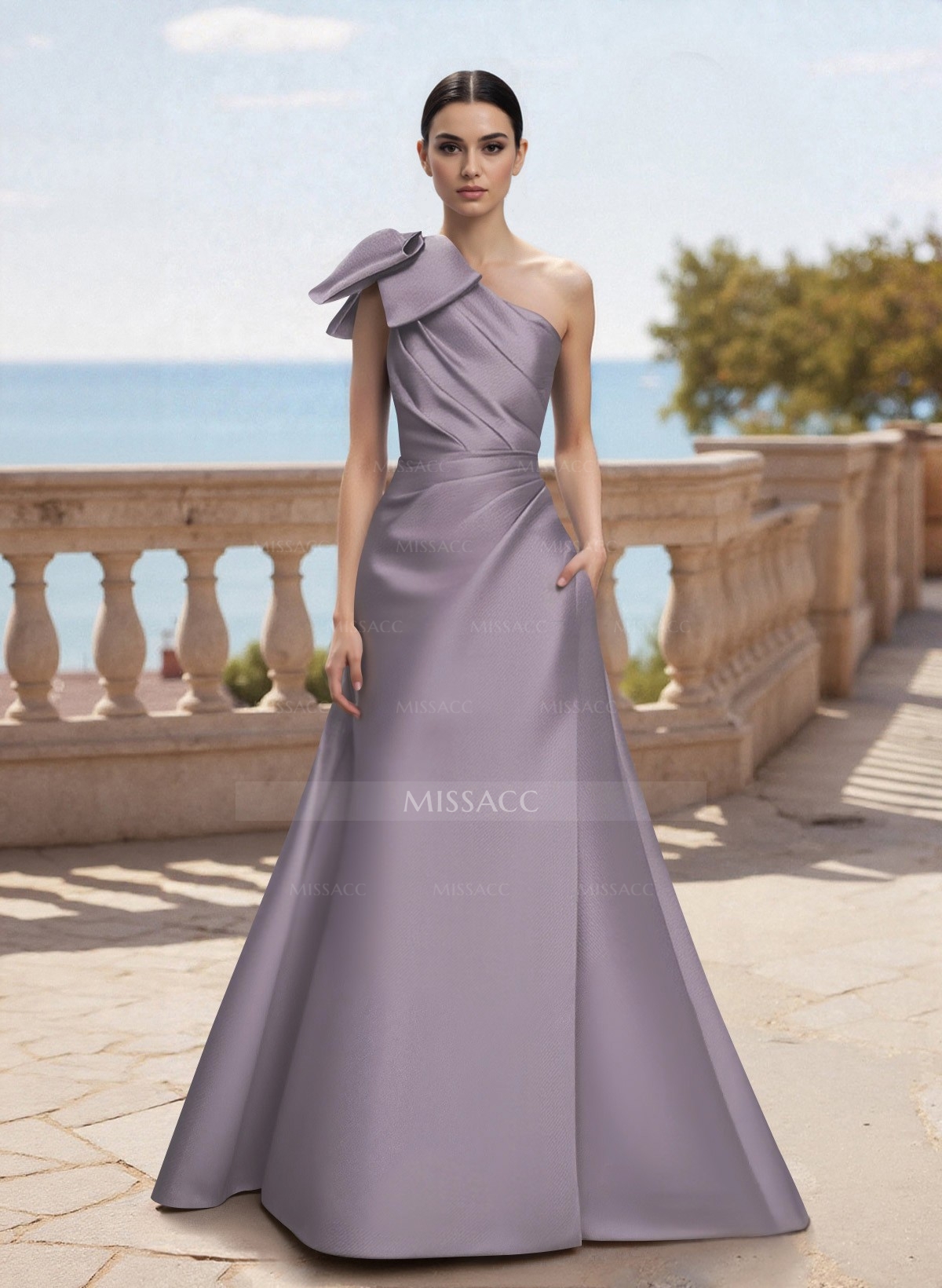Bow(s) One-Shoulder A-Line Floor-Length Satin Mother Of The Bride Dresses With Pockets
