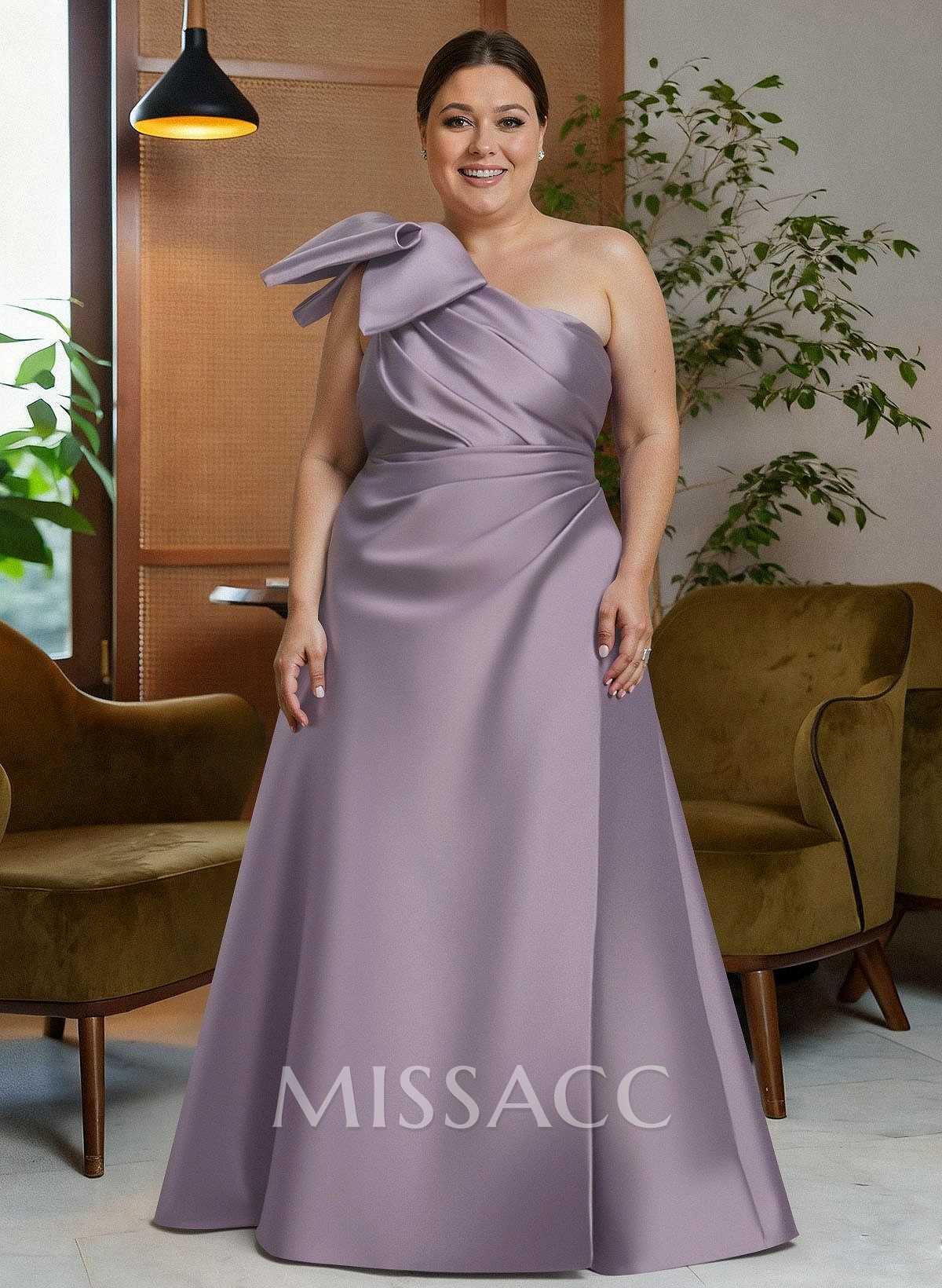 Bow(s) One-Shoulder A-Line Floor-Length Satin Mother Of The Bride Dresses With Pockets